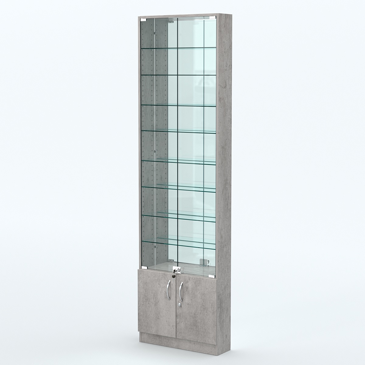 Торговая витрина с 8-ю стеклянными полками 150x600 мм серии NEXT-8 №2-2 (З/C - ЗЕРКАЛО) Бетон Чикаго светло-серый F186 ST9
