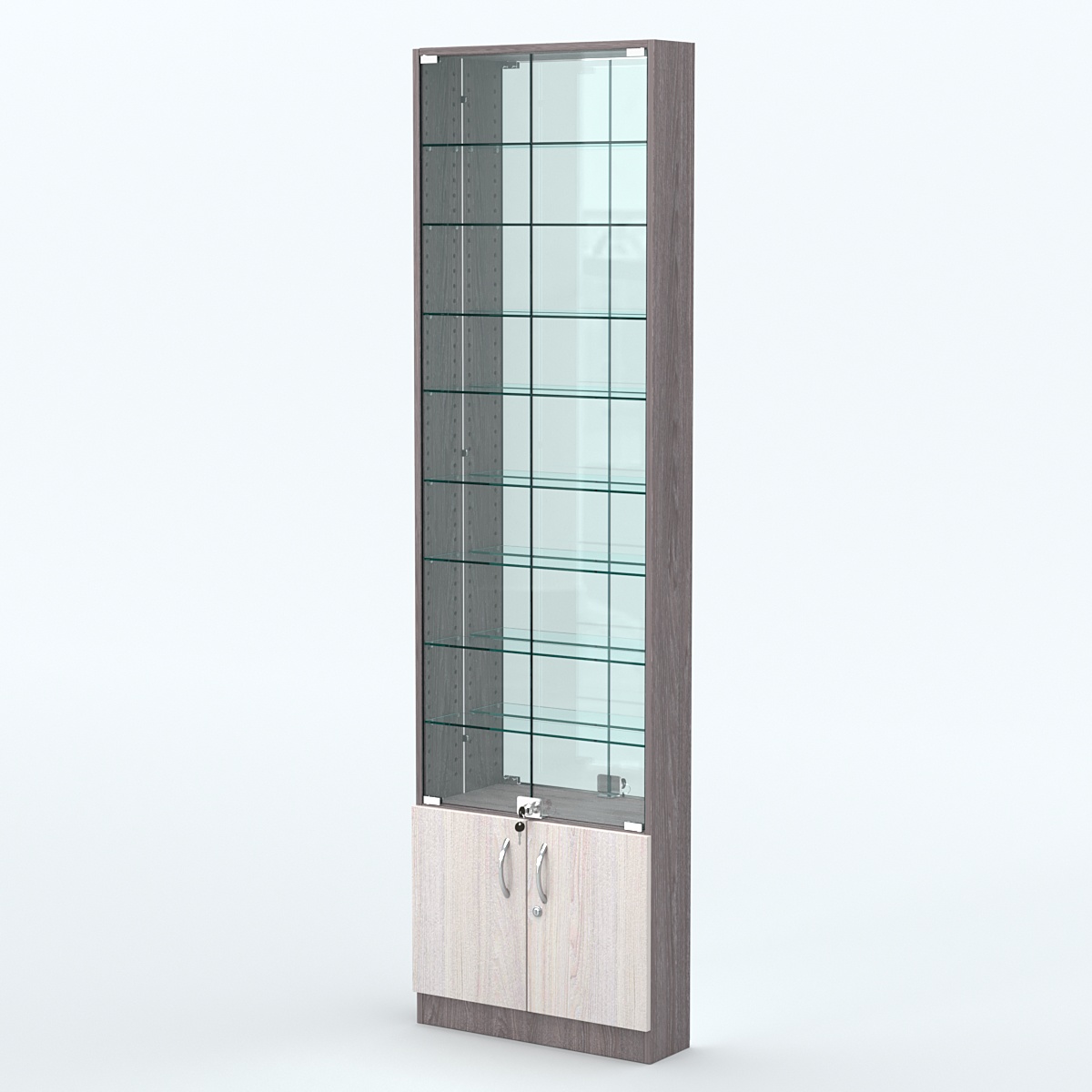 Торговая витрина с 8-ю стеклянными полками 150x600 мм серии NEXT-8 №2-2 (З/C - ЗЕРКАЛО) Ясень Анкор темный + Ясень Анкор светлый