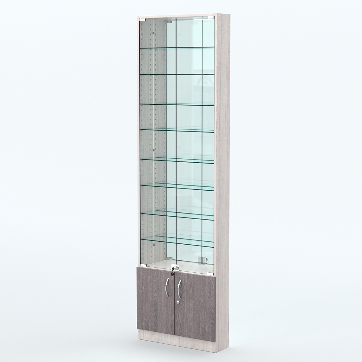 Торговая витрина с 8-ю стеклянными полками 150x600 мм серии NEXT-8 №2-2 (З/C - ЗЕРКАЛО) Ясень Анкор светлый + Ясень Анкор темный