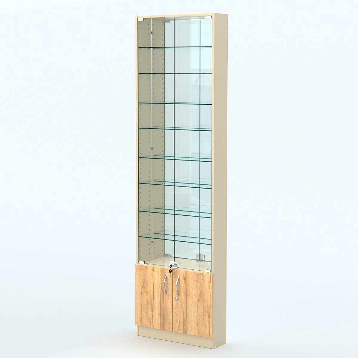 Торговая витрина с 8-ю стеклянными полками 150x600 мм серии NEXT-8 №2-2 (З/C - ЗЕРКАЛО) Крем Вайс и Дуб Золотистый