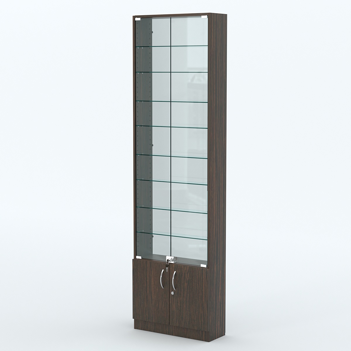 Торговая витрина с 8-ю стеклянными полками 200x600 мм серии NEXT-8 №3-1 (З/C - СТЕКЛО) Дуб Венге