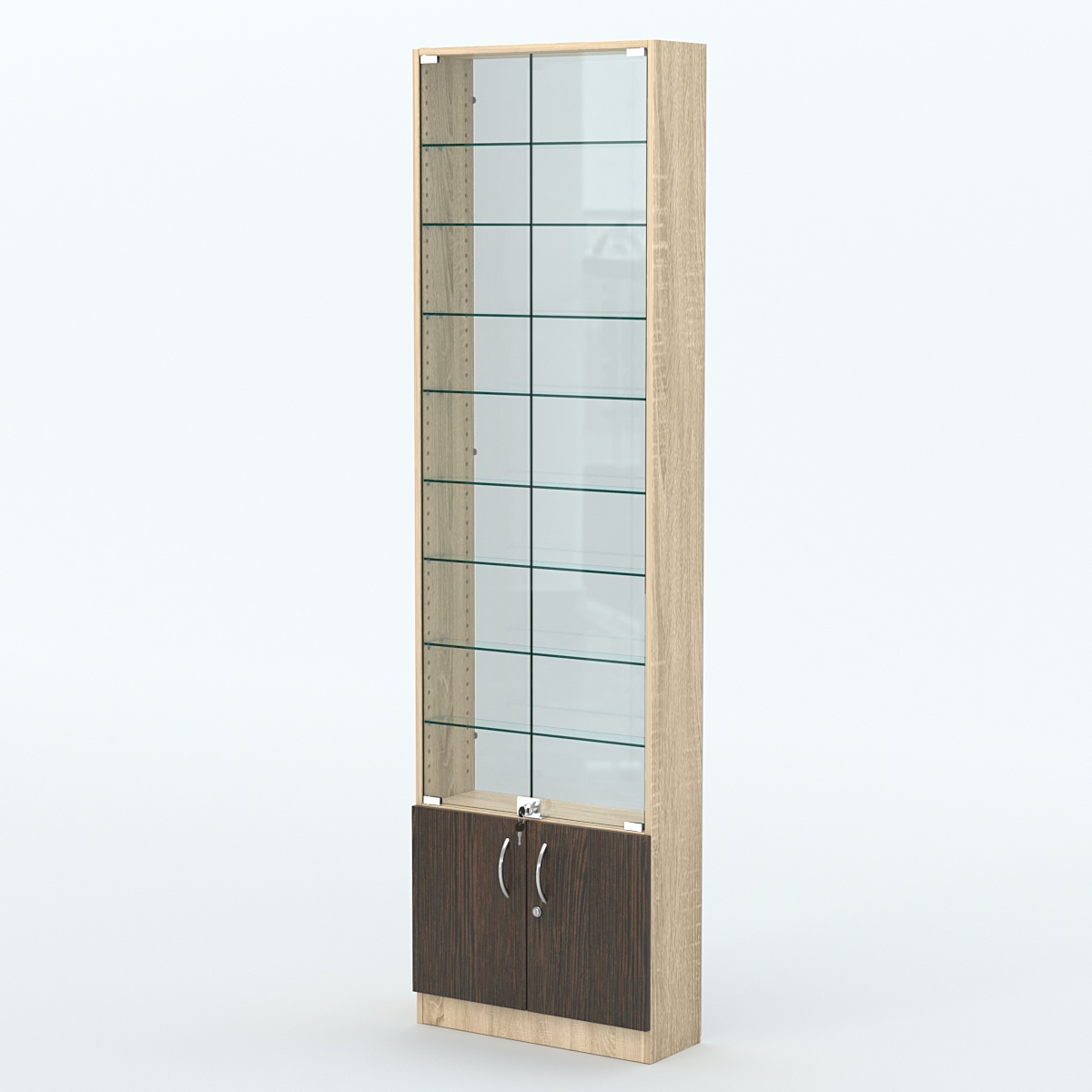 Торговая витрина с 8-ю стеклянными полками 200x600 мм серии NEXT-8 №3-1 (З/C - СТЕКЛО) Дуб Сонома + Дуб Венге