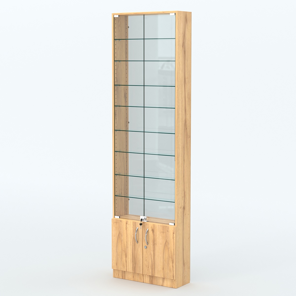 Торговая витрина с 8-ю стеклянными полками 200x600 мм серии NEXT-8 №3-1 (З/C - СТЕКЛО) Дуб Золотистый