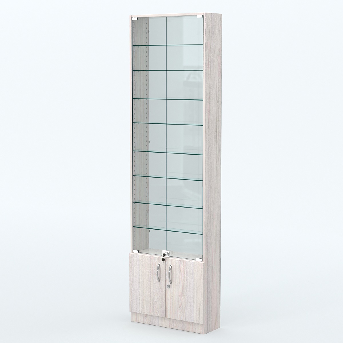 Торговая витрина с 8-ю стеклянными полками 200x600 мм серии NEXT-8 №3-1 (З/C - СТЕКЛО) Ясень Анкор светлый