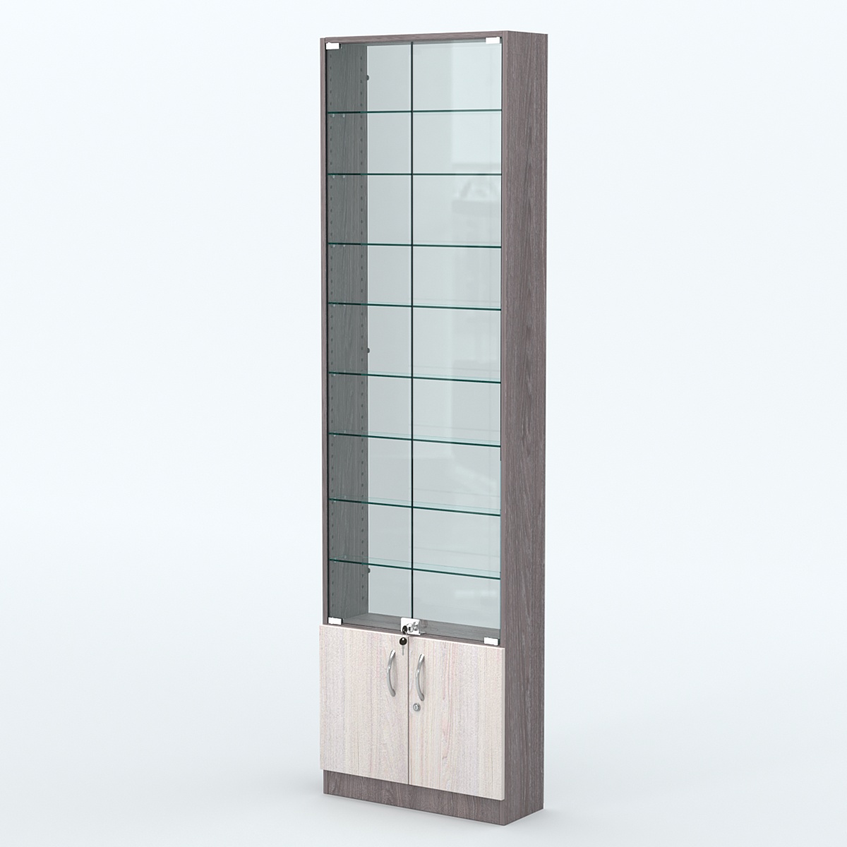 Торговая витрина с 8-ю стеклянными полками 200x600 мм серии NEXT-8 №3-1 (З/C - СТЕКЛО) Ясень Анкор темный + Ясень Анкор светлый