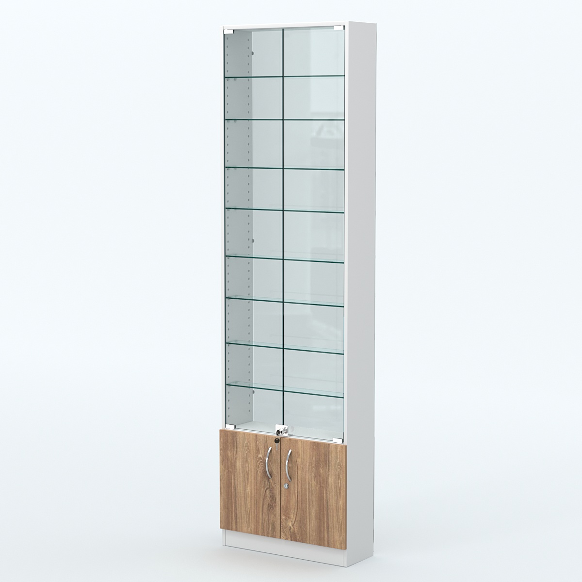 Торговая витрина с 8-ю стеклянными полками 200x600 мм серии NEXT-8 №3-1 (З/C - СТЕКЛО) Белый + Дуб канзас коричневый