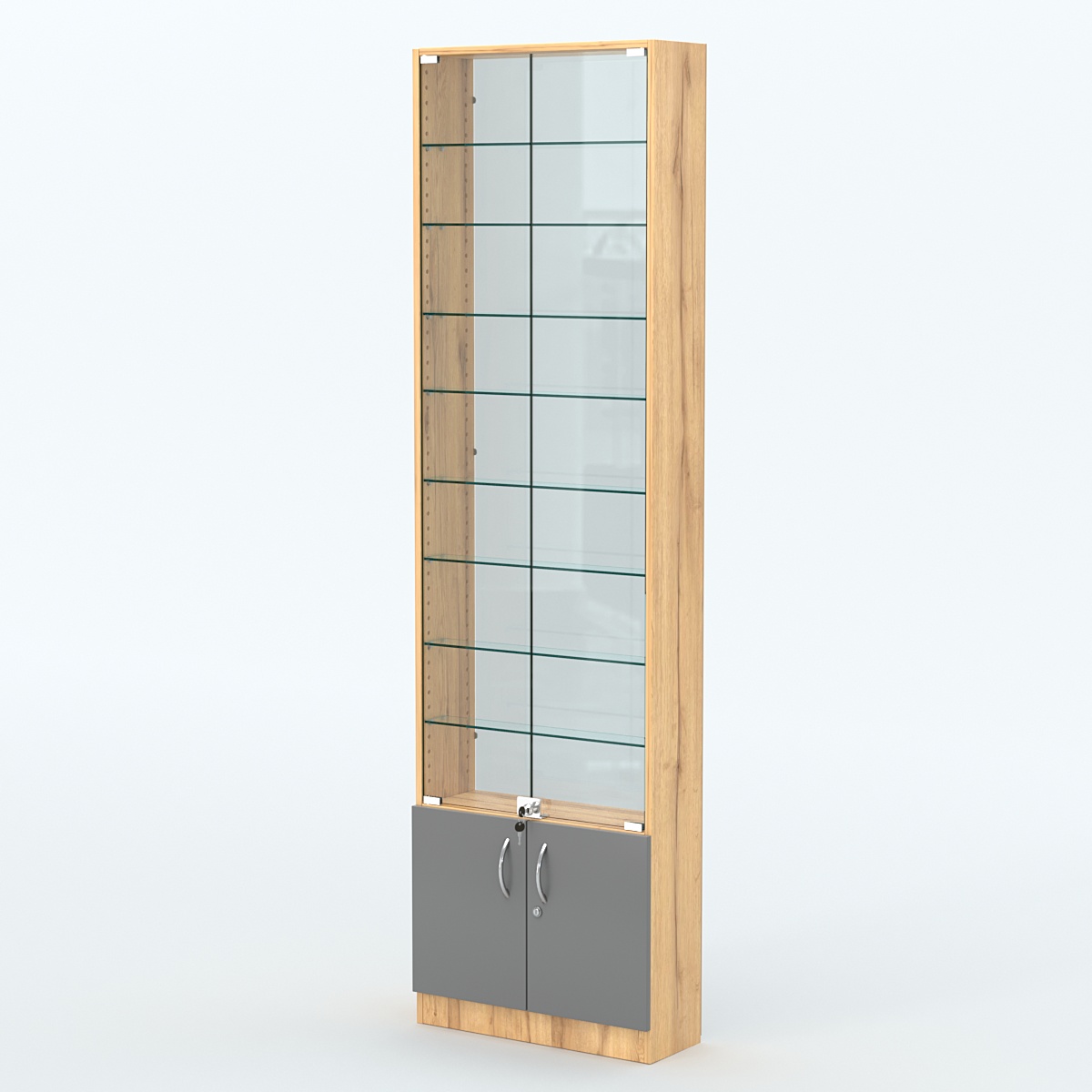 Торговая витрина с 8-ю стеклянными полками 200x600 мм серии NEXT-8 №3-1 (З/C - СТЕКЛО) Дуб Золотистый и Темно-Серый