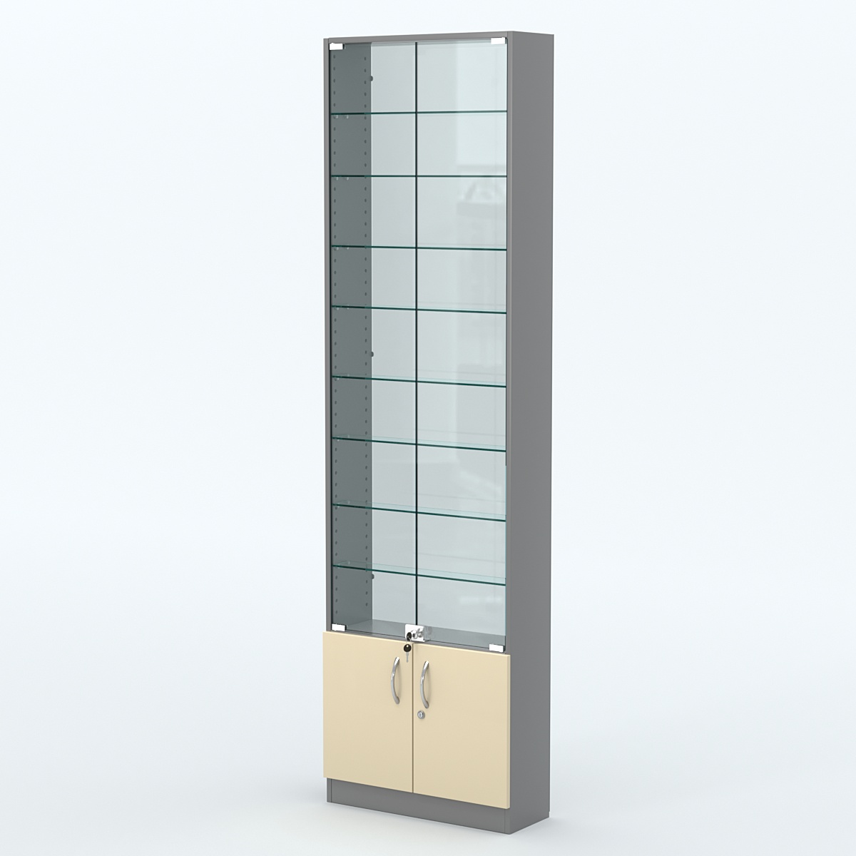 Торговая витрина с 8-ю стеклянными полками 200x600 мм серии NEXT-8 №3-1 (З/C - СТЕКЛО) Темно-серый + Крем Вайс