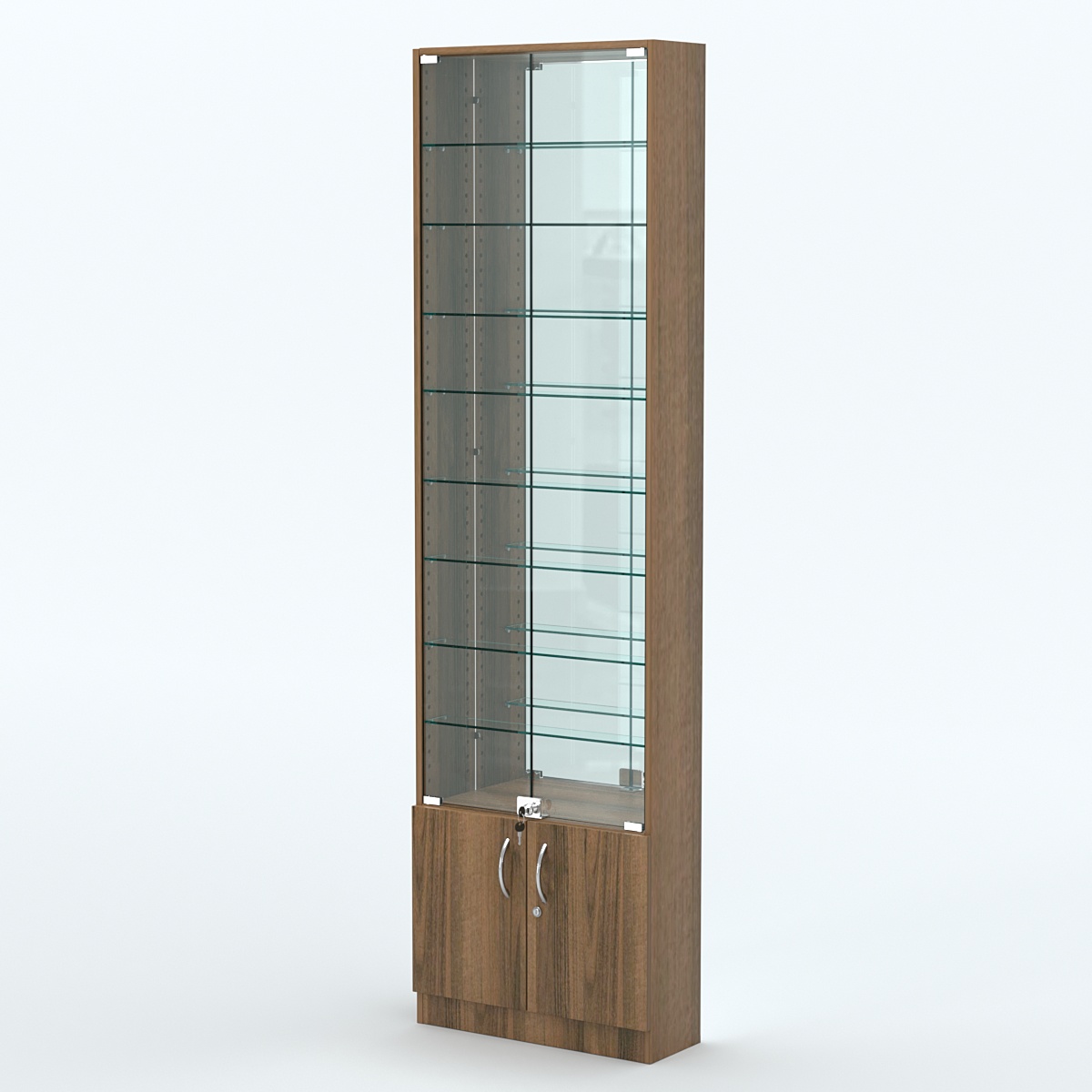 Торговая витрина с 8-ю стеклянными полками 200x600 мм серии NEXT-8 №3-2 (З/C - ЗЕРКАЛО) Орех