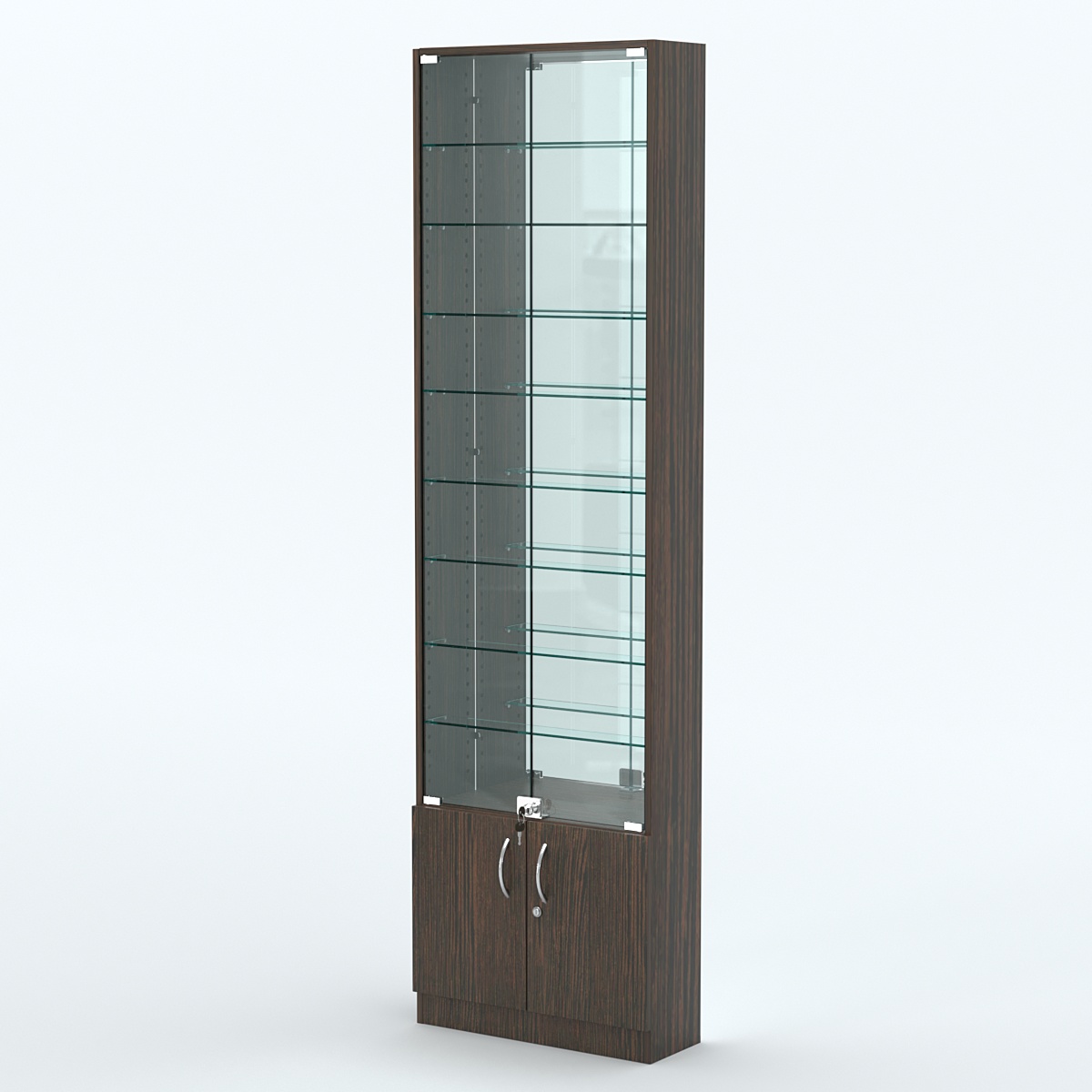 Торговая витрина с 8-ю стеклянными полками 200x600 мм серии NEXT-8 №3-2 (З/C - ЗЕРКАЛО) Дуб Венге