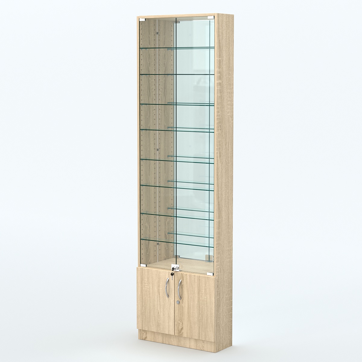 Торговая витрина с 8-ю стеклянными полками 200x600 мм серии NEXT-8 №3-2 (З/C - ЗЕРКАЛО) Дуб сонома