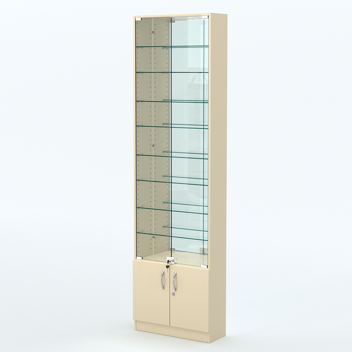 Торговая витрина с 8-ю стеклянными полками 200x600 мм серии NEXT-8 №3-2 (З/C - ЗЕРКАЛО) Крем Вайс