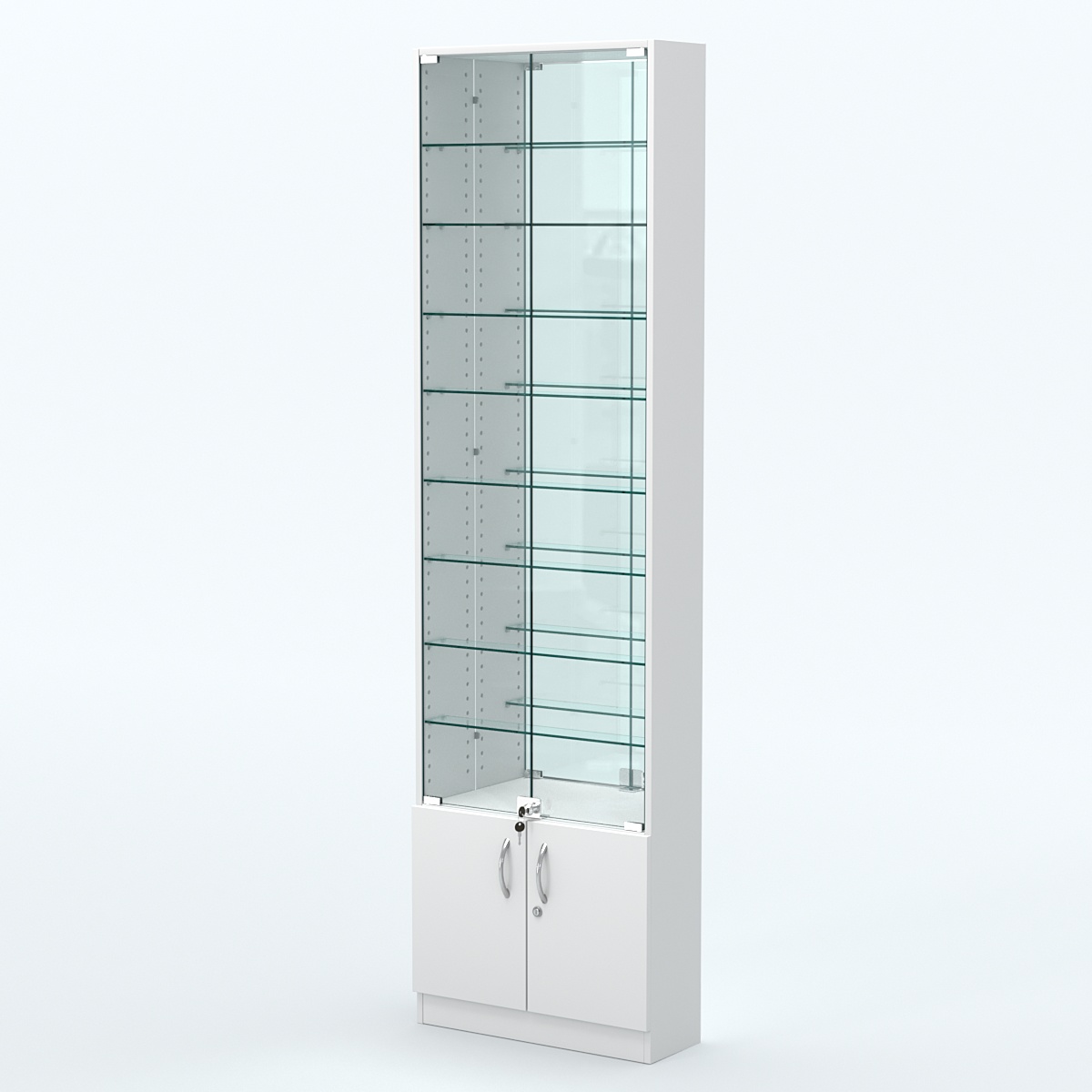 Торговая витрина с 8-ю стеклянными полками 200x600 мм серии NEXT-8 №3-2 (З/C - ЗЕРКАЛО) Белый