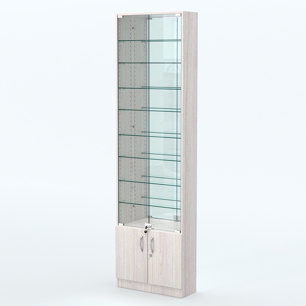 Торговая витрина с 8-ю стеклянными полками 200x600 мм серии NEXT-8 №3-2 (З/C - ЗЕРКАЛО) Ясень Анкор светлый