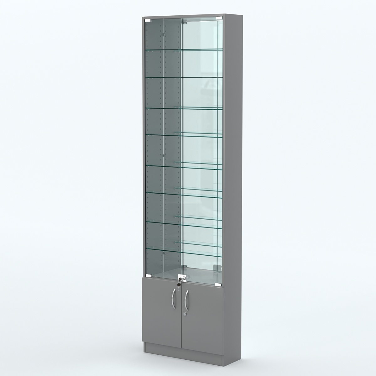 Торговая витрина с 8-ю стеклянными полками 200x600 мм серии NEXT-8 №3-2 (З/C - ЗЕРКАЛО) Темно-Серый