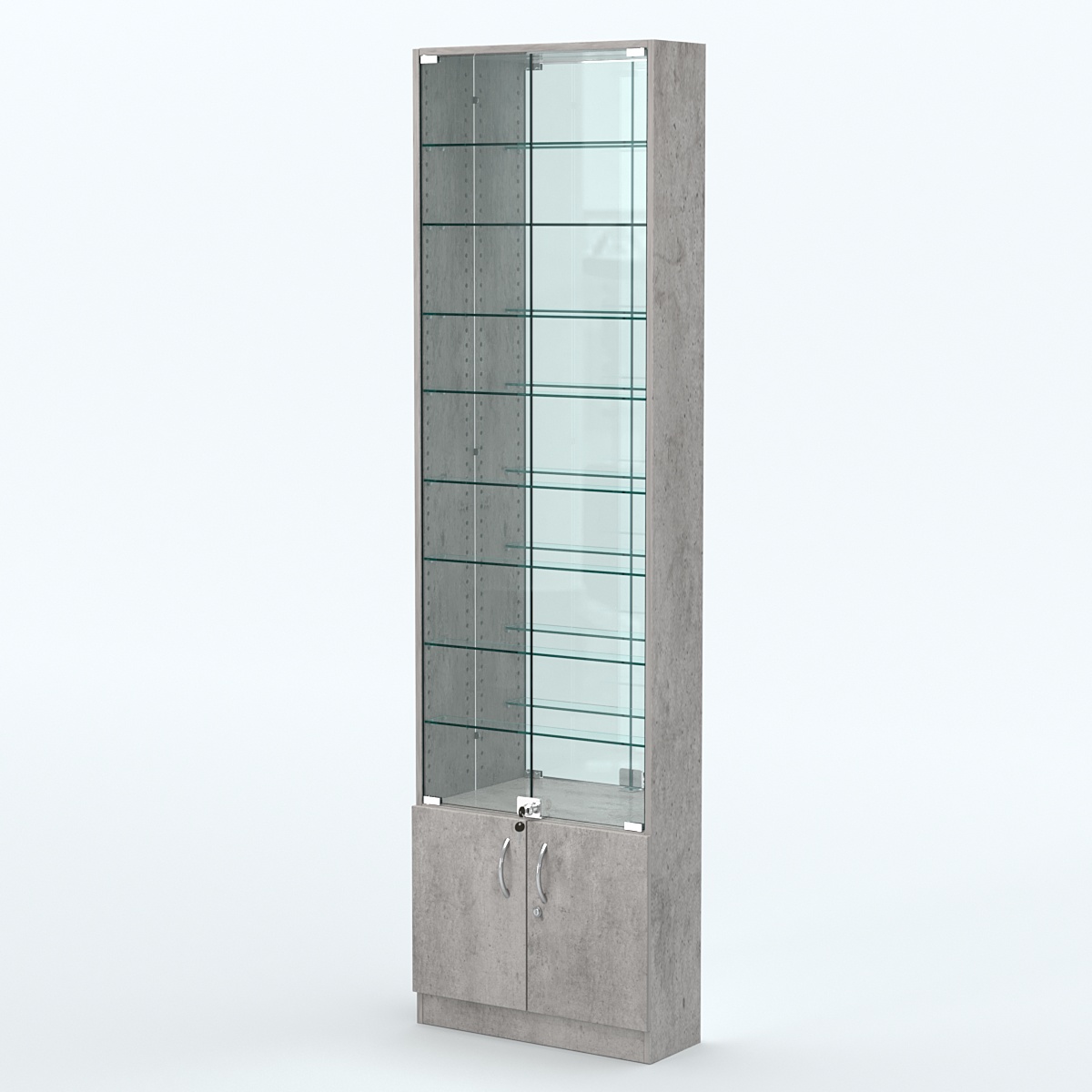 Торговая витрина с 8-ю стеклянными полками 200x600 мм серии NEXT-8 №3-2 (З/C - ЗЕРКАЛО) Бетон Чикаго светло-серый F186 ST9