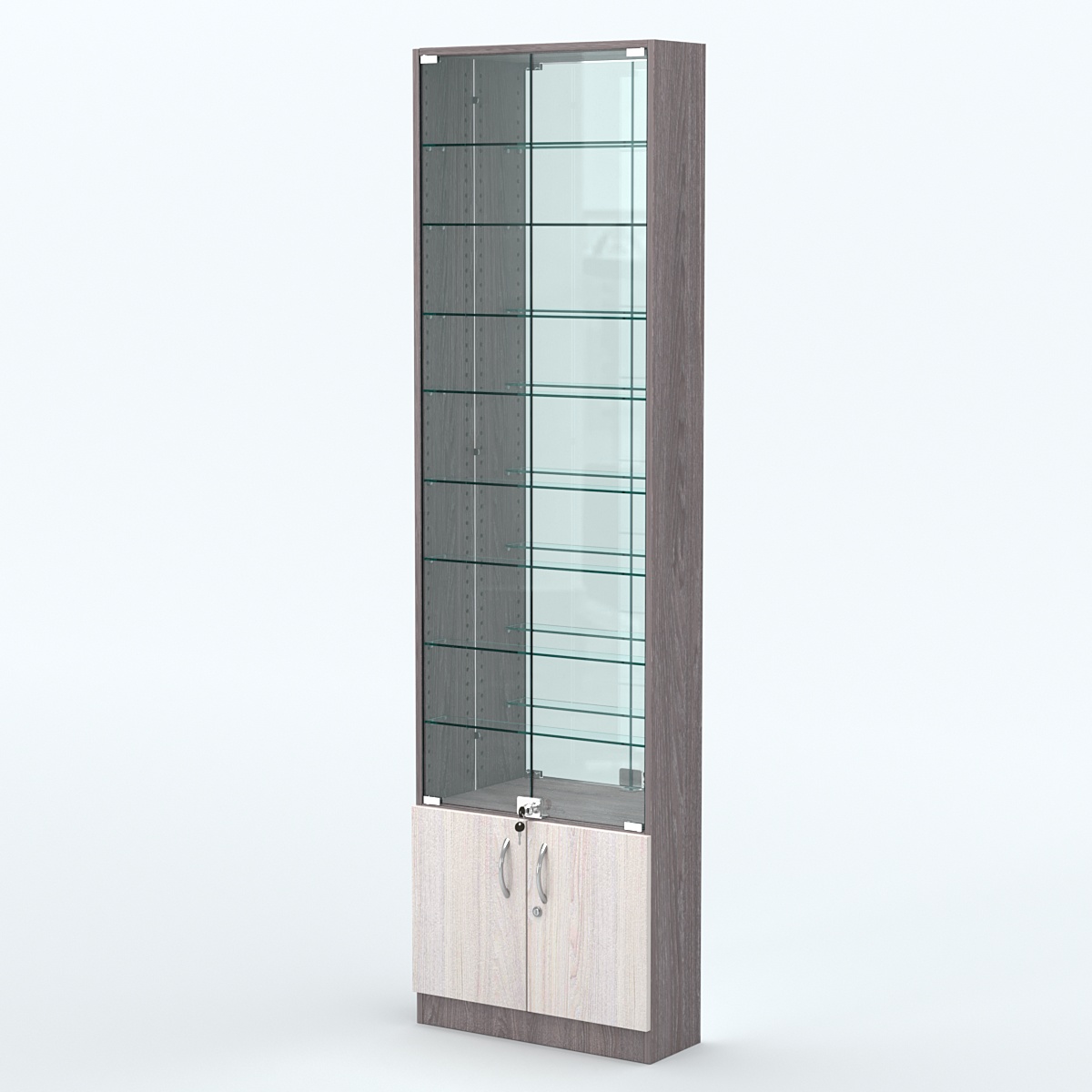 Торговая витрина с 8-ю стеклянными полками 200x600 мм серии NEXT-8 №3-2 (З/C - ЗЕРКАЛО) Ясень Анкор темный + Ясень Анкор светлый