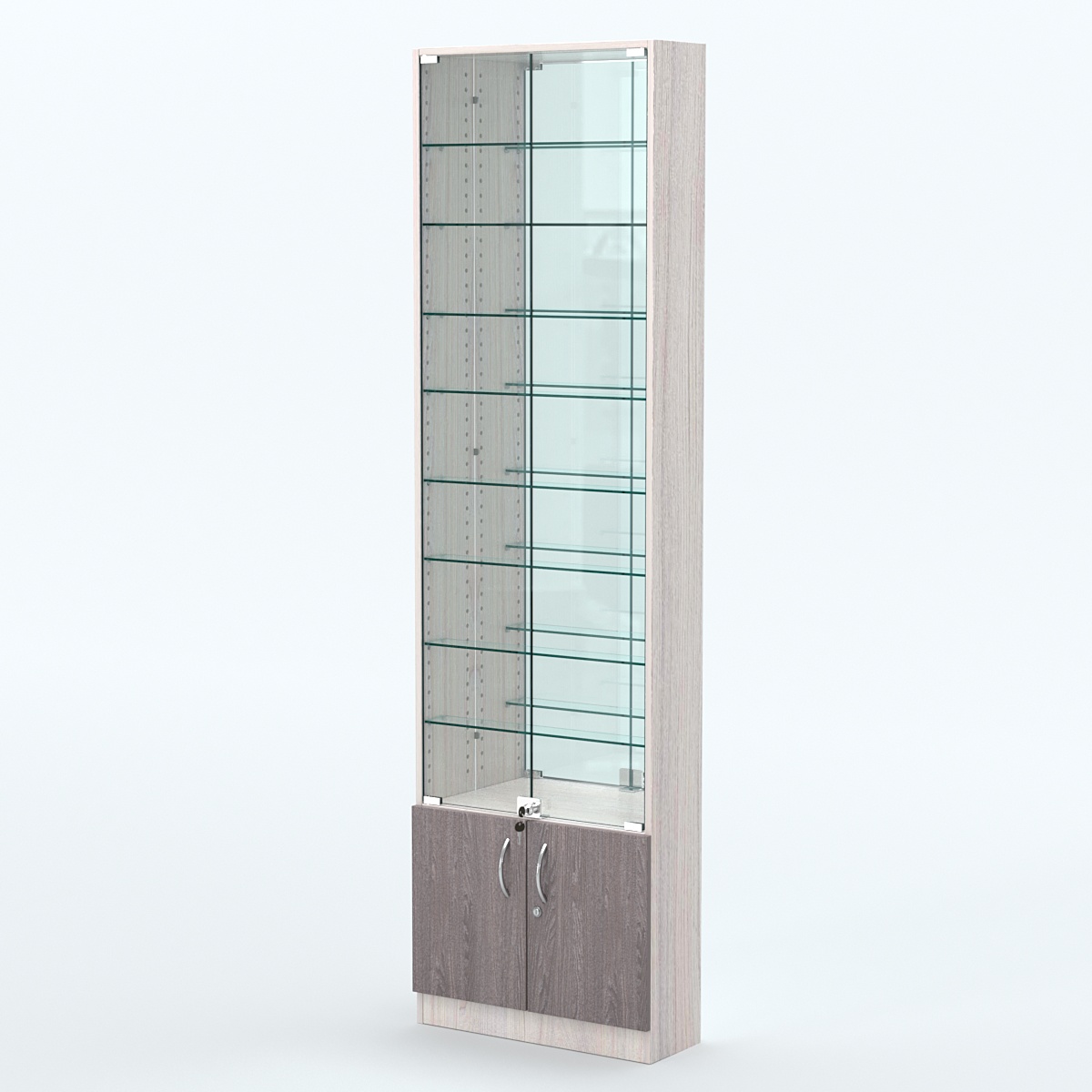 Торговая витрина с 8-ю стеклянными полками 200x600 мм серии NEXT-8 №3-2 (З/C - ЗЕРКАЛО) Ясень Анкор светлый + Ясень Анкор темный