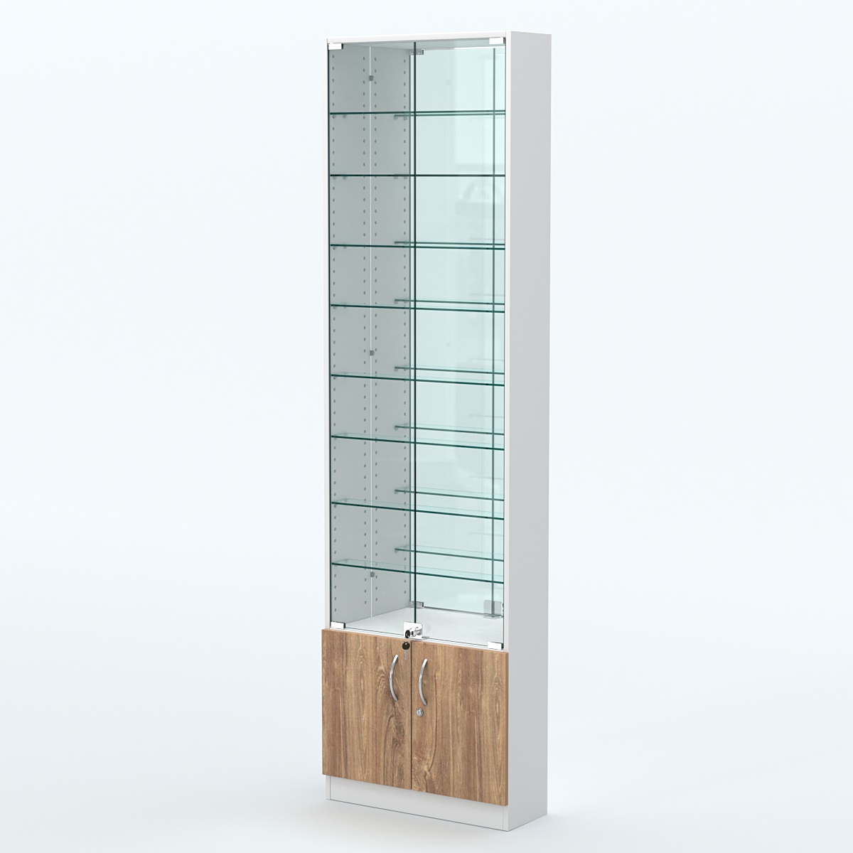 Торговая витрина с 8-ю стеклянными полками 200x600 мм серии NEXT-8 №3-2 (З/C - ЗЕРКАЛО) Белый + Дуб канзас коричневый