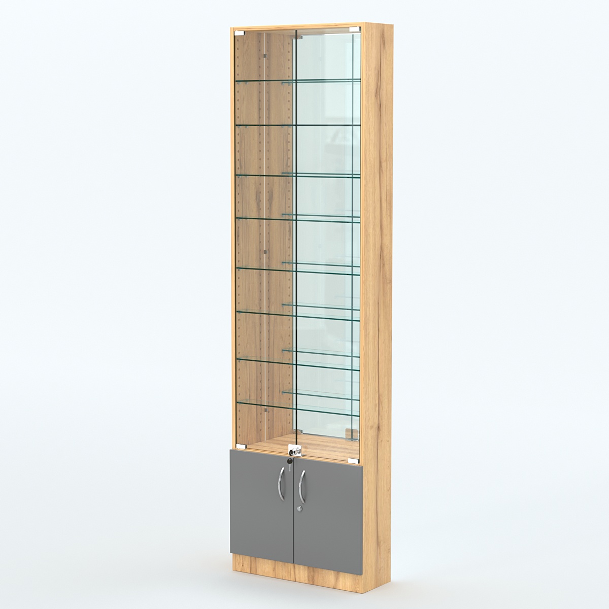 Торговая витрина с 8-ю стеклянными полками 200x600 мм серии NEXT-8 №3-2 (З/C - ЗЕРКАЛО) Дуб Золотистый и Темно-Серый