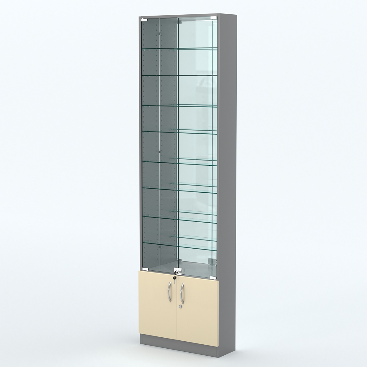 Торговая витрина с 8-ю стеклянными полками 200x600 мм серии NEXT-8 №3-2 (З/C - ЗЕРКАЛО) Темно-серый + Крем Вайс