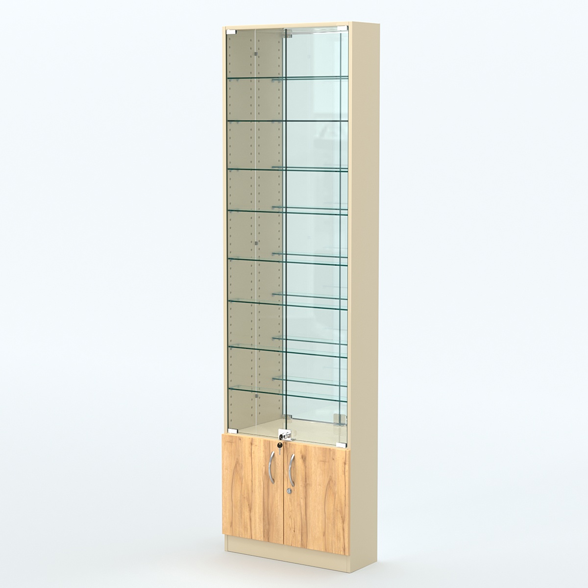 Торговая витрина с 8-ю стеклянными полками 200x600 мм серии NEXT-8 №3-2 (З/C - ЗЕРКАЛО) Крем Вайс и Дуб Золотистый