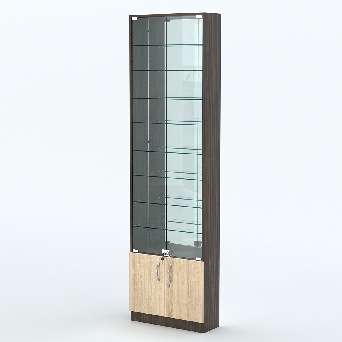Торговая витрина с 8-ю стеклянными полками 200x600 мм серии NEXT-8 №3-2 (З/C - ЗЕРКАЛО) Дуб Венге + Дуб Сонома