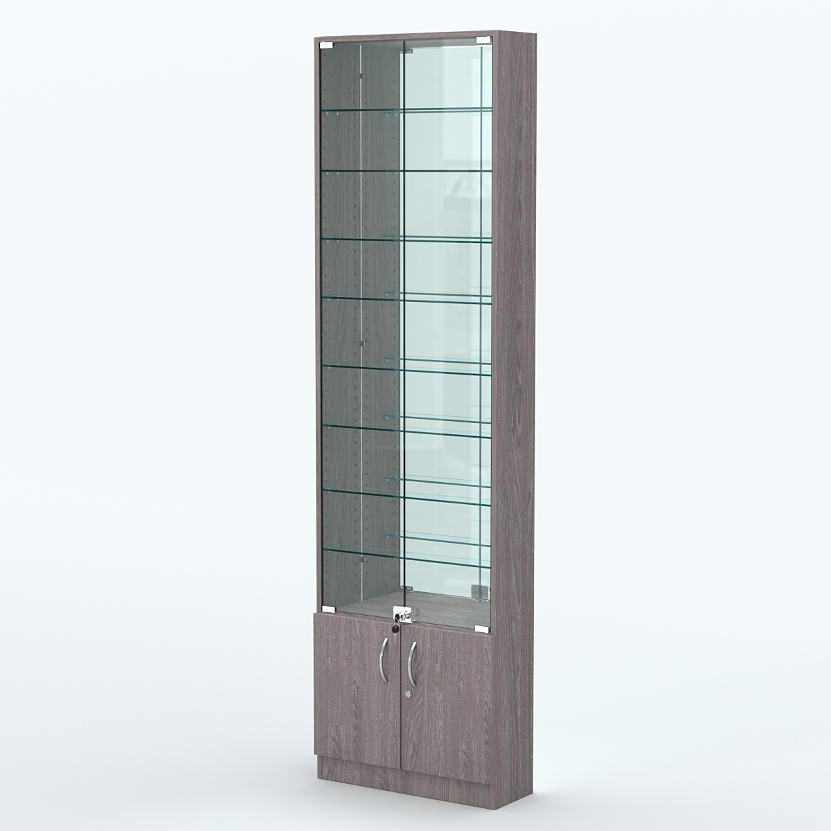 Торговая витрина с 8-ю стеклянными полками 200x600 мм серии NEXT-8 №3-2 (З/C - ЗЕРКАЛО) Ясень Анкор темный