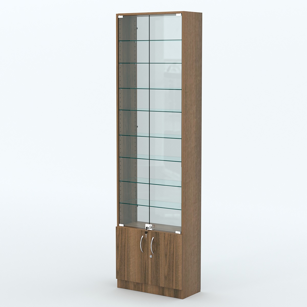 Торговая витрина с 8-ю стеклянными полками 250x600 мм серии NEXT-8 №4-1 (З/C - СТЕКЛО) Орех