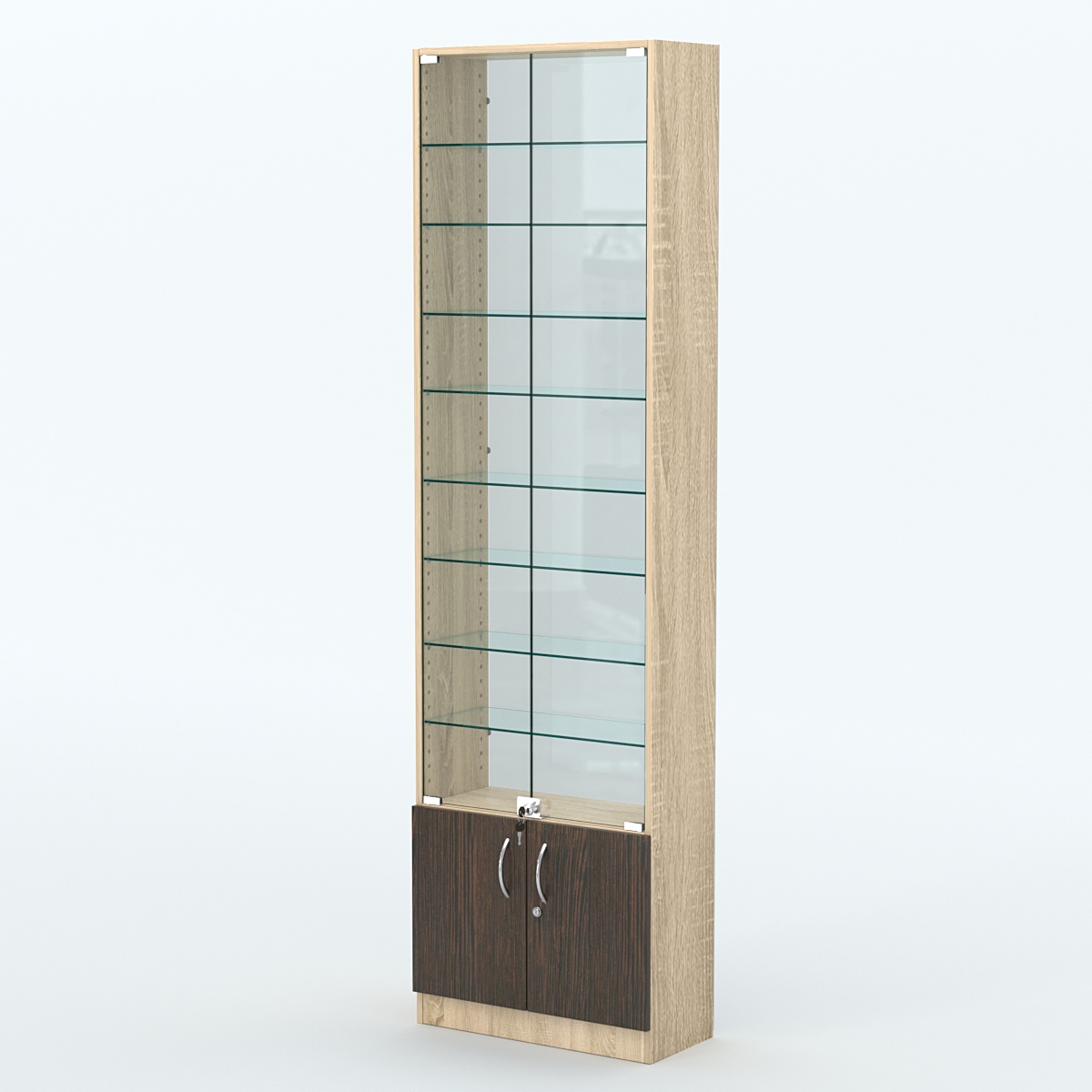 Торговая витрина с 8-ю стеклянными полками 250x600 мм серии NEXT-8 №4-1 (З/C - СТЕКЛО) Дуб Сонома + Дуб Венге