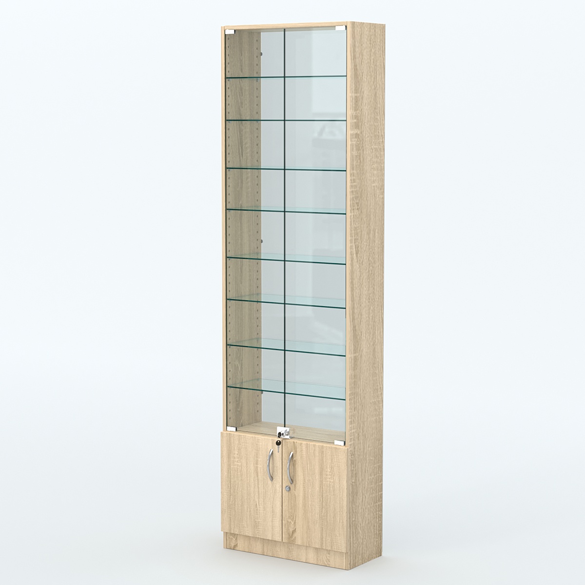 Торговая витрина с 8-ю стеклянными полками 250x600 мм серии NEXT-8 №4-1 (З/C - СТЕКЛО) Дуб сонома