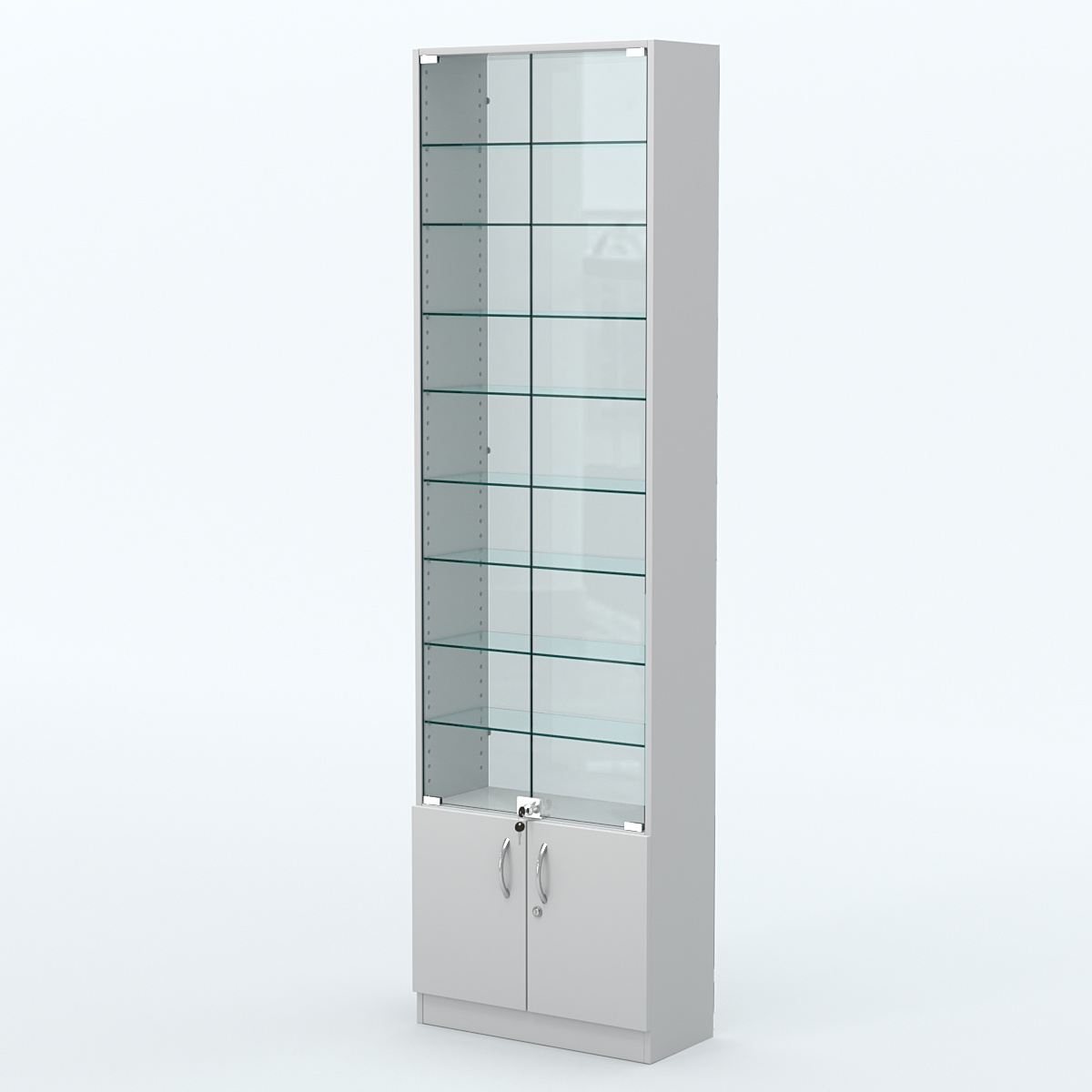 Торговая витрина с 8-ю стеклянными полками 250x600 мм серии NEXT-8 №4-1 (З/C - СТЕКЛО) Серый