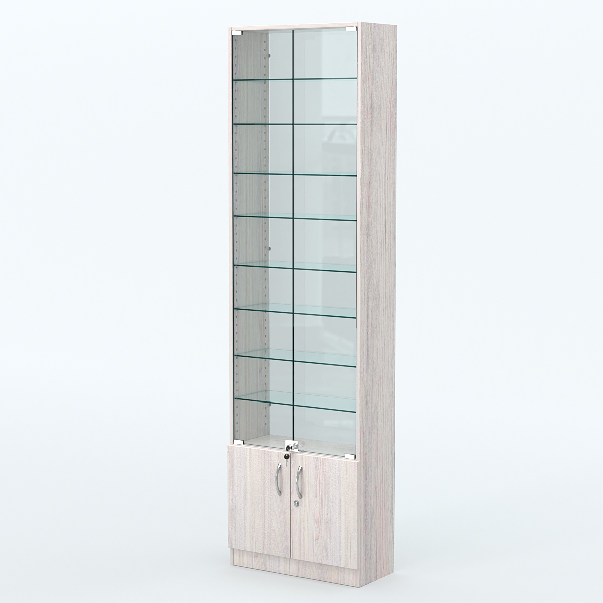 Торговая витрина с 8-ю стеклянными полками 250x600 мм серии NEXT-8 №4-1 (З/C - СТЕКЛО) Ясень Анкор светлый