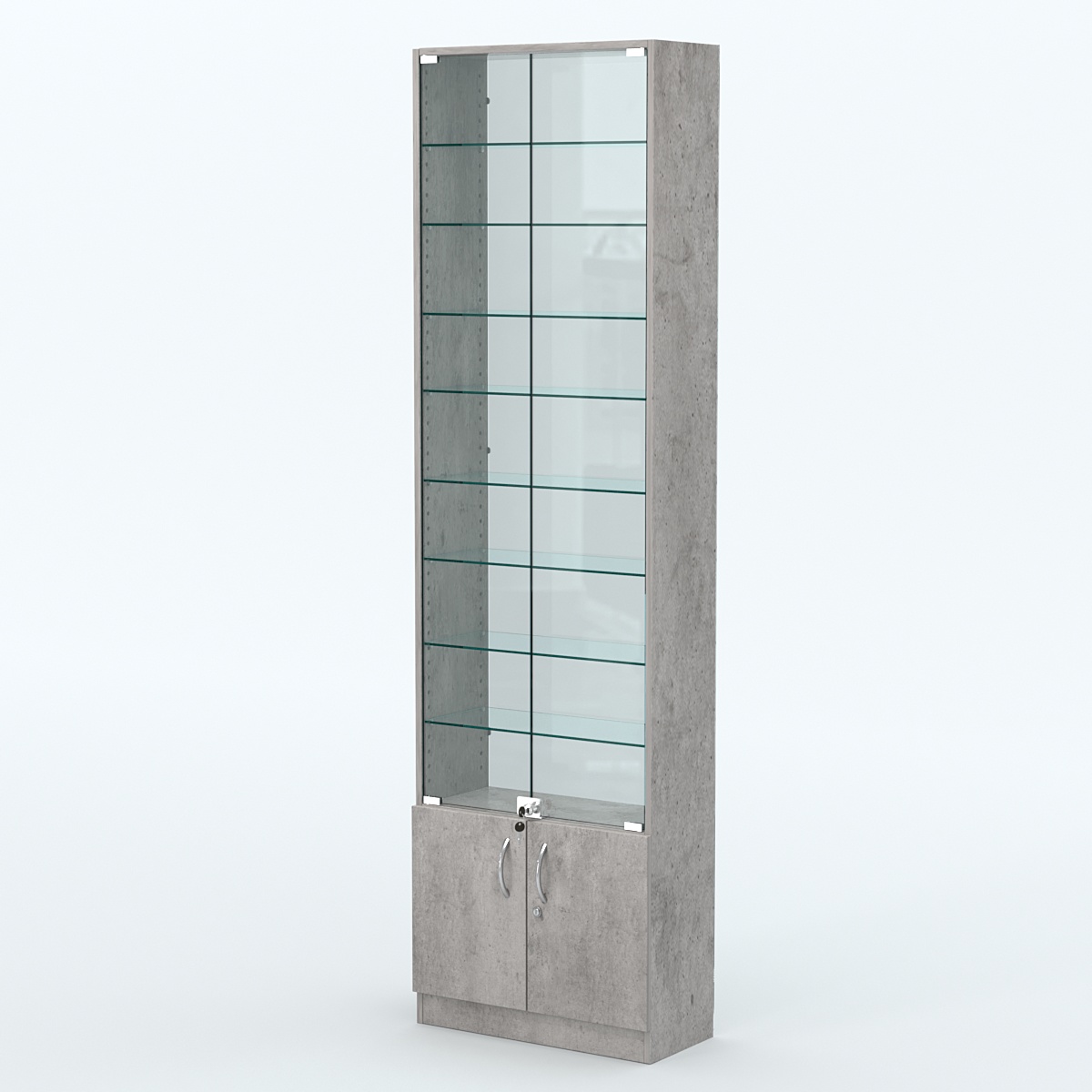 Торговая витрина с 8-ю стеклянными полками 250x600 мм серии NEXT-8 №4-1 (З/C - СТЕКЛО) Бетон Чикаго светло-серый F186 ST9