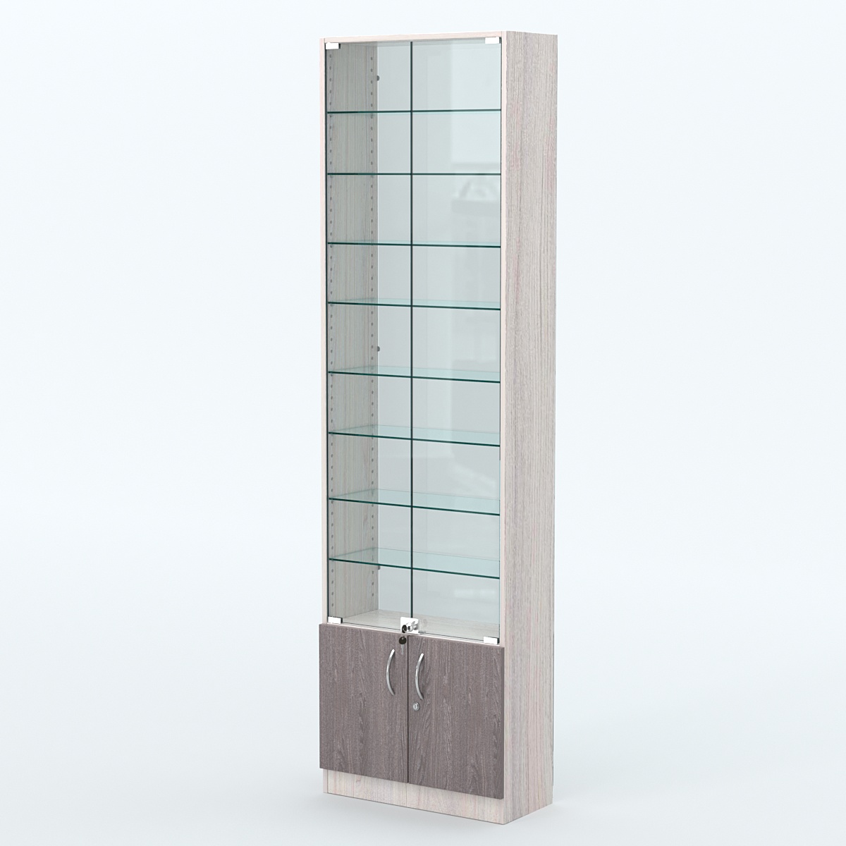 Торговая витрина с 8-ю стеклянными полками 250x600 мм серии NEXT-8 №4-1 (З/C - СТЕКЛО) Ясень Анкор светлый + Ясень Анкор темный