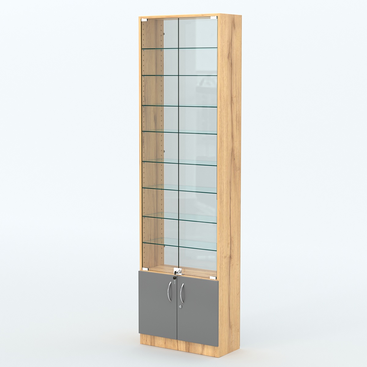 Торговая витрина с 8-ю стеклянными полками 250x600 мм серии NEXT-8 №4-1 (З/C - СТЕКЛО) Дуб Золотистый и Темно-Серый