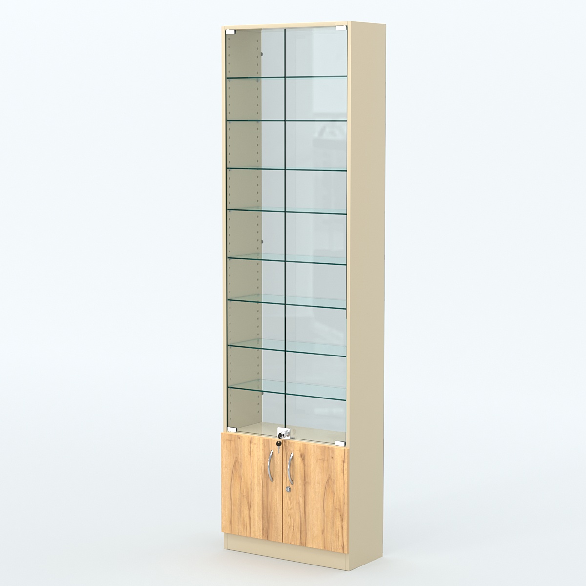 Торговая витрина с 8-ю стеклянными полками 250x600 мм серии NEXT-8 №4-1 (З/C - СТЕКЛО) Крем Вайс и Дуб Золотистый