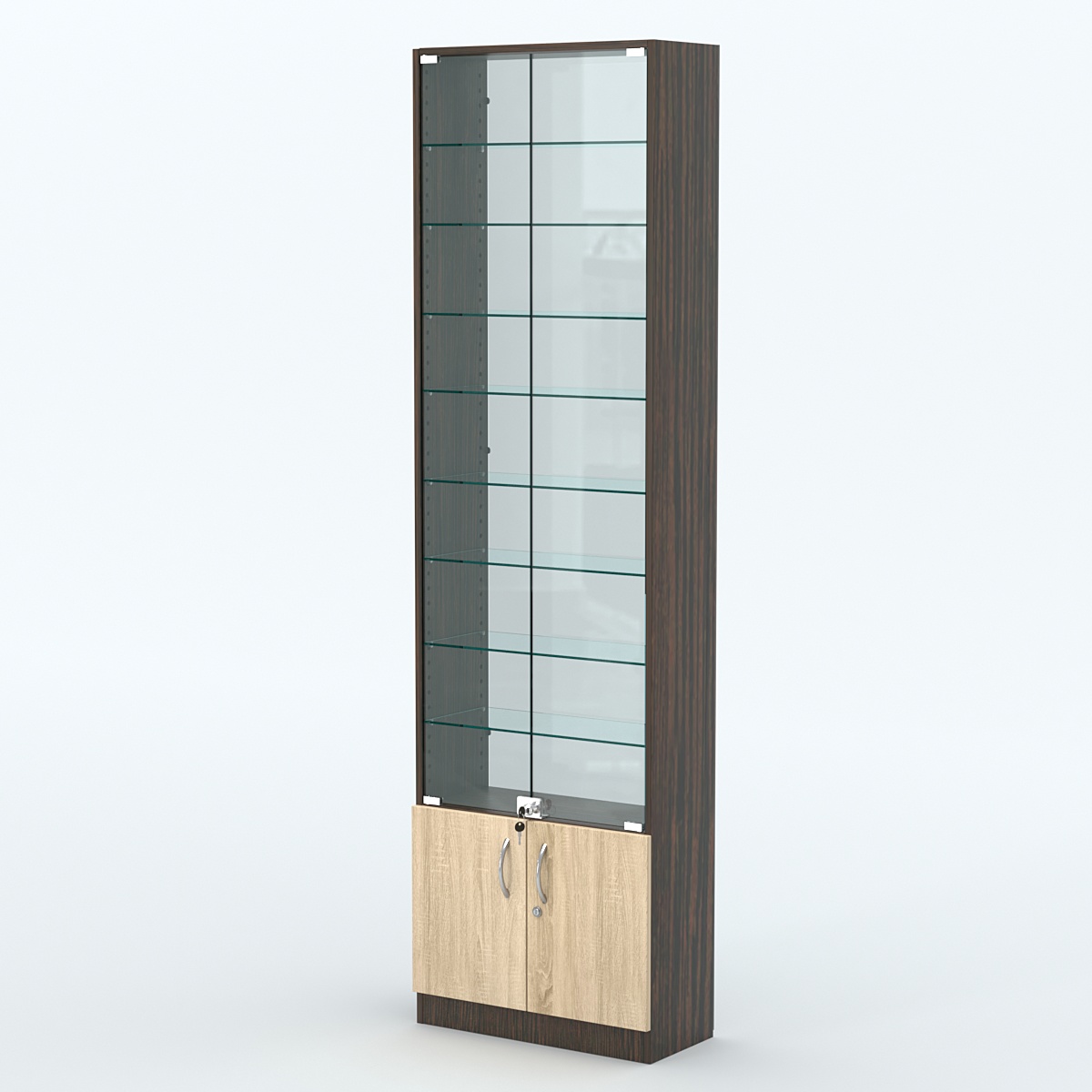 Торговая витрина с 8-ю стеклянными полками 250x600 мм серии NEXT-8 №4-1 (З/C - СТЕКЛО) Дуб Венге + Дуб Сонома