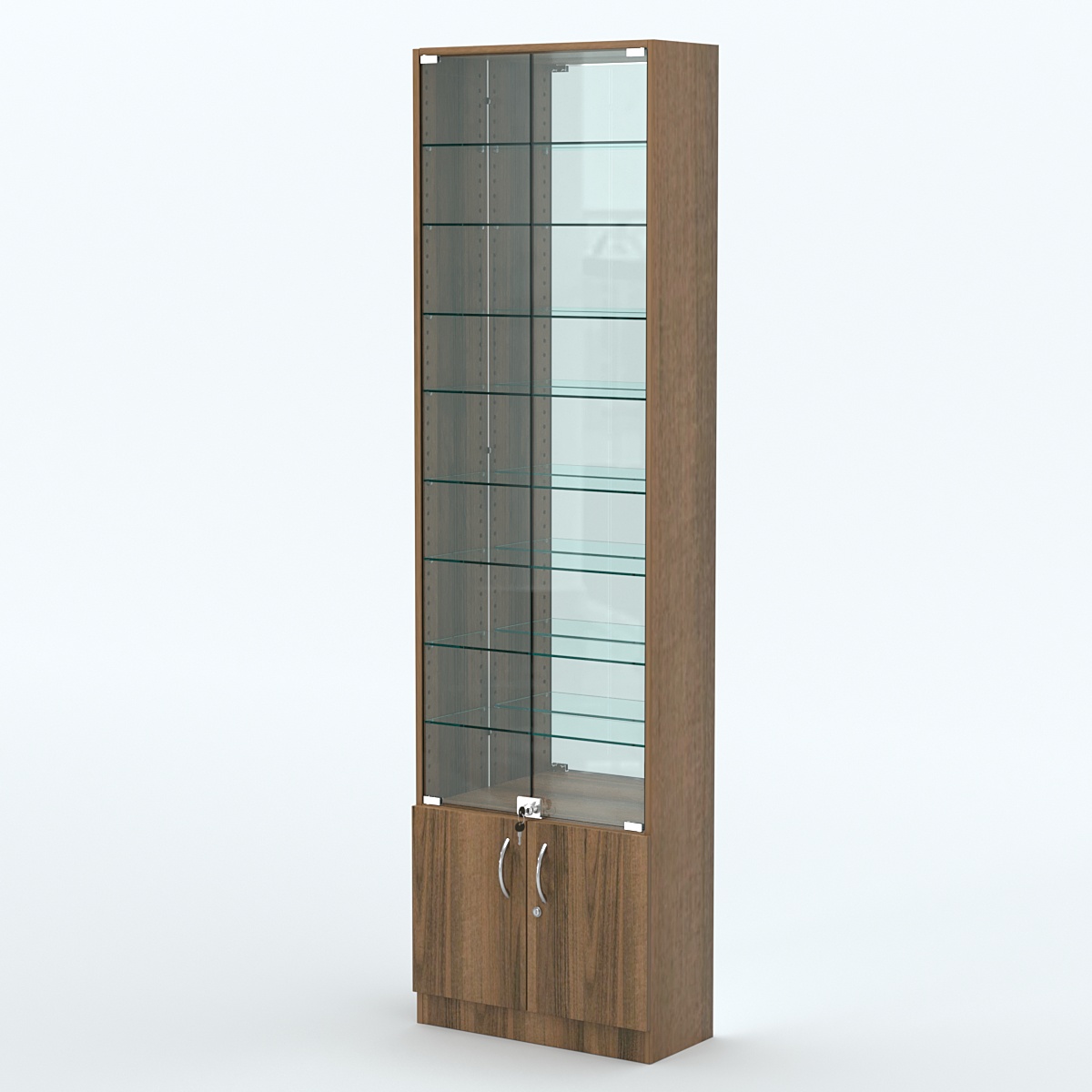 Торговая витрина с 8-ю стеклянными полками 250x600 мм серии NEXT-8 №4-2 (З/C - ЗЕРКАЛО) Орех