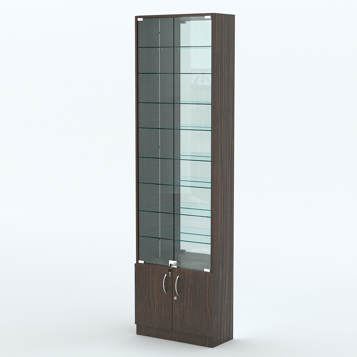 Торговая витрина с 8-ю стеклянными полками 250x600 мм серии NEXT-8 №4-2 (З/C - ЗЕРКАЛО) Дуб Венге