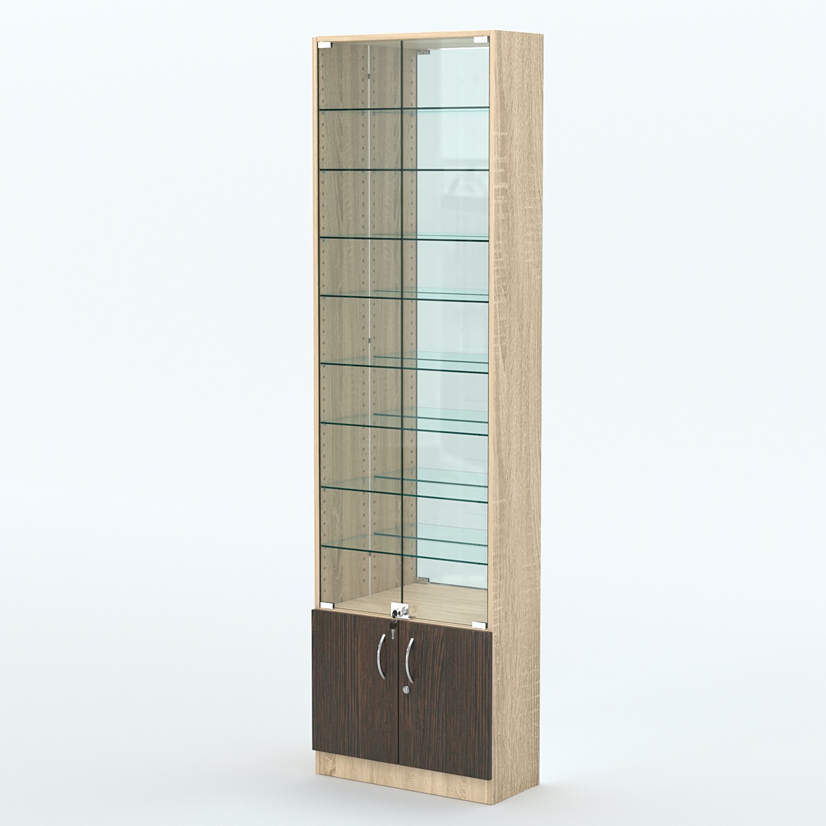 Торговая витрина с 8-ю стеклянными полками 250x600 мм серии NEXT-8 №4-2 (З/C - ЗЕРКАЛО) Дуб Сонома + Дуб Венге