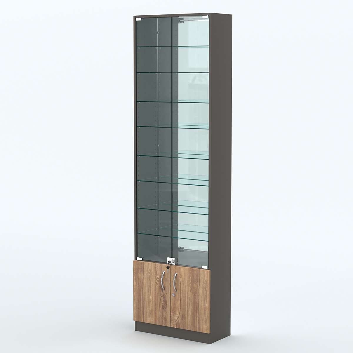 Торговая витрина с 8-ю стеклянными полками 250x600 мм серии NEXT-8 №4-2 (З/C - ЗЕРКАЛО) Черный + Дуб Канзас Коричневый