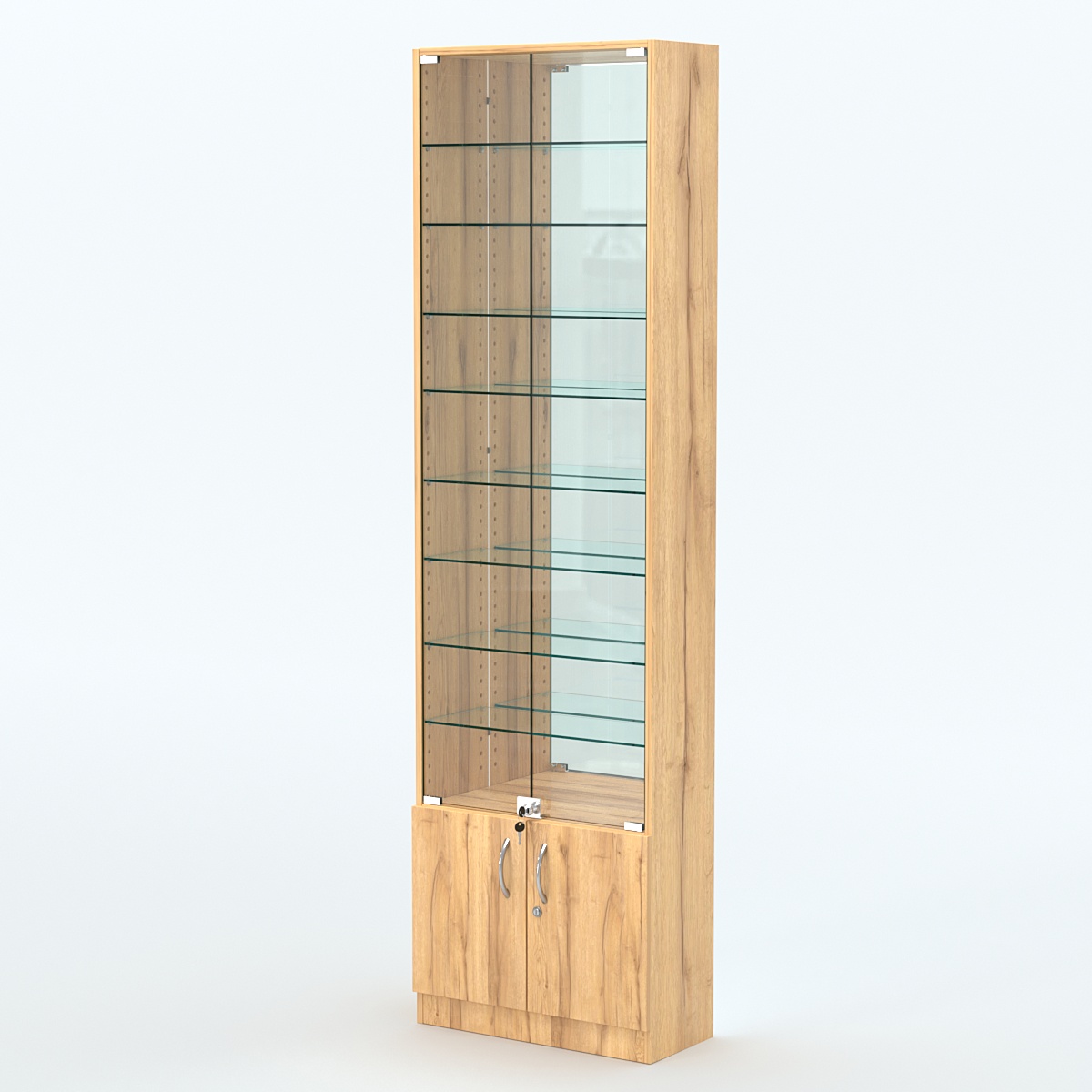 Торговая витрина с 8-ю стеклянными полками 250x600 мм серии NEXT-8 №4-2 (З/C - ЗЕРКАЛО) Дуб Золотистый