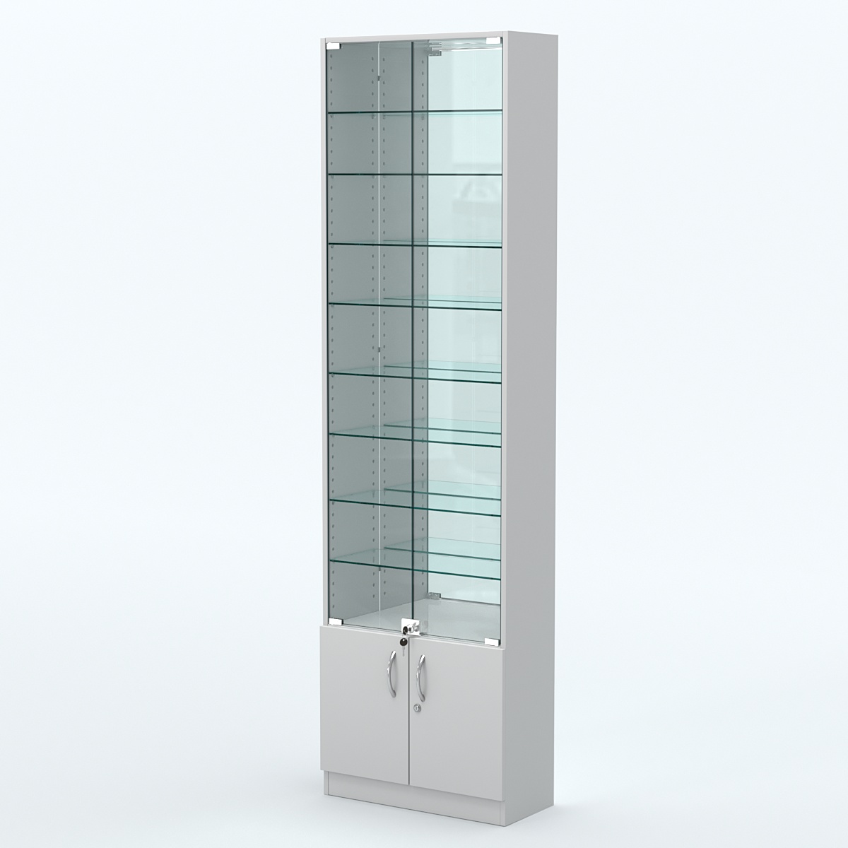 Торговая витрина с 8-ю стеклянными полками 250x600 мм серии NEXT-8 №4-2 (З/C - ЗЕРКАЛО) Серый