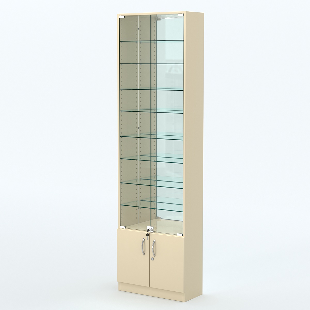 Торговая витрина с 8-ю стеклянными полками 250x600 мм серии NEXT-8 №4-2 (З/C - ЗЕРКАЛО) Крем Вайс