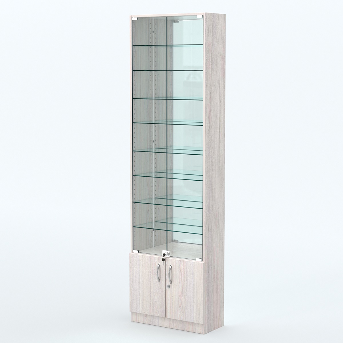 Торговая витрина с 8-ю стеклянными полками 250x600 мм серии NEXT-8 №4-2 (З/C - ЗЕРКАЛО) Ясень Анкор светлый