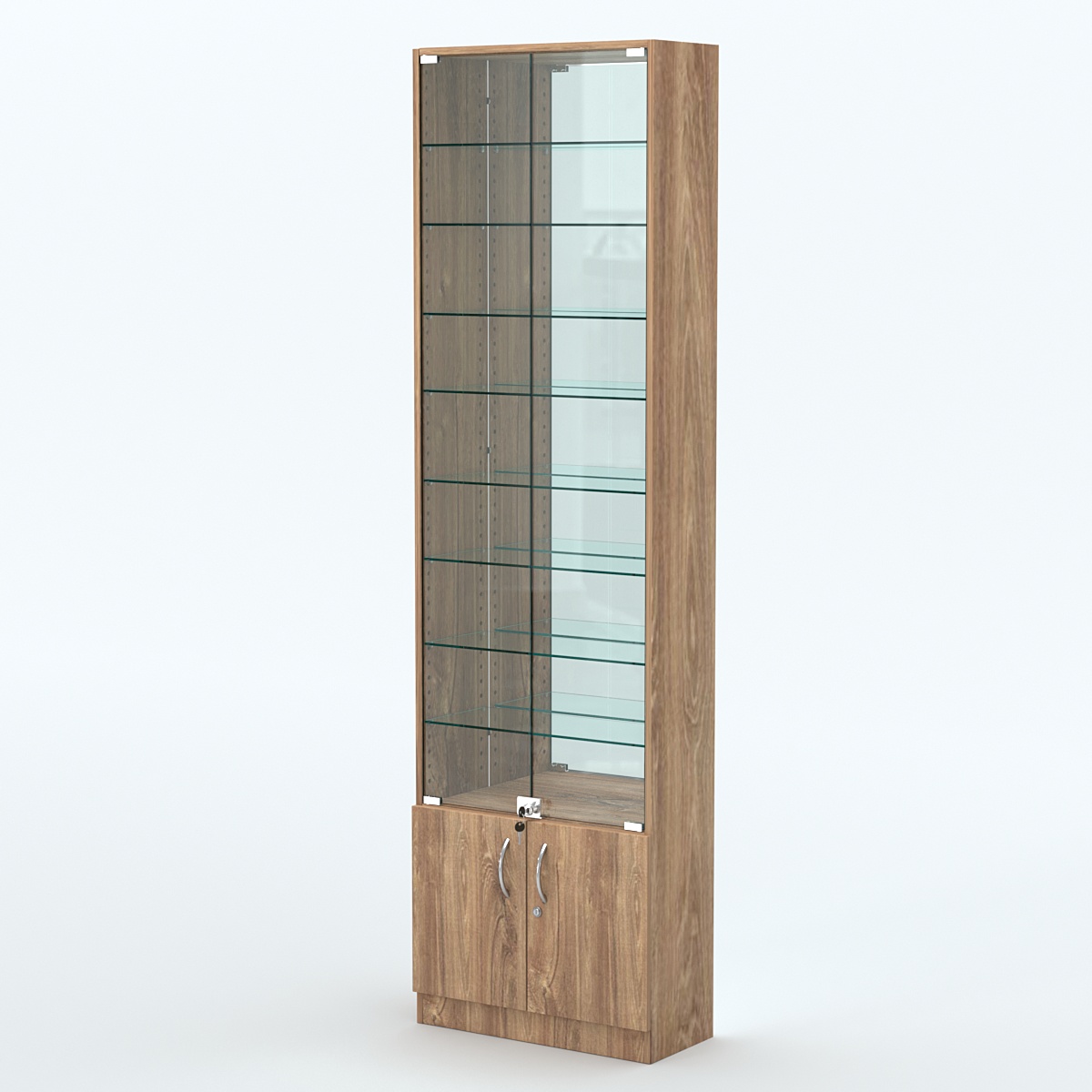 Торговая витрина с 8-ю стеклянными полками 250x600 мм серии NEXT-8 №4-2 (З/C - ЗЕРКАЛО) Дуб Канзас коричневый