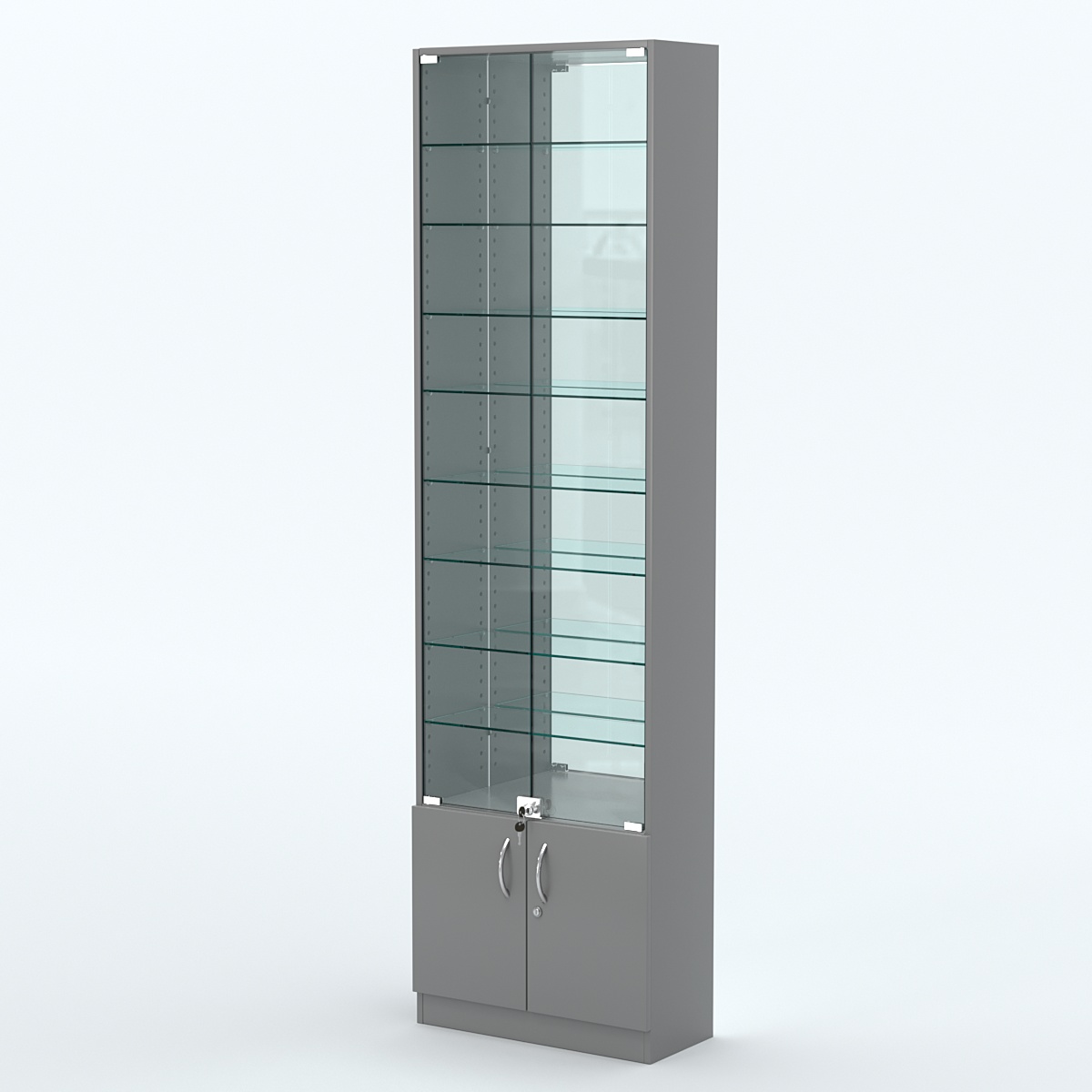 Торговая витрина с 8-ю стеклянными полками 250x600 мм серии NEXT-8 №4-2 (З/C - ЗЕРКАЛО) Темно-Серый