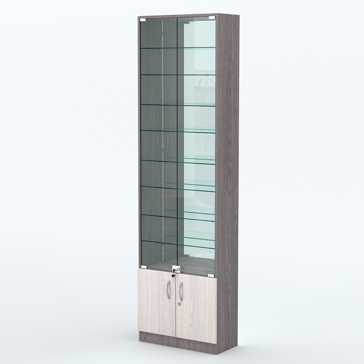 Торговая витрина с 8-ю стеклянными полками 250x600 мм серии NEXT-8 №4-2 (З/C - ЗЕРКАЛО) Ясень Анкор темный + Ясень Анкор светлый