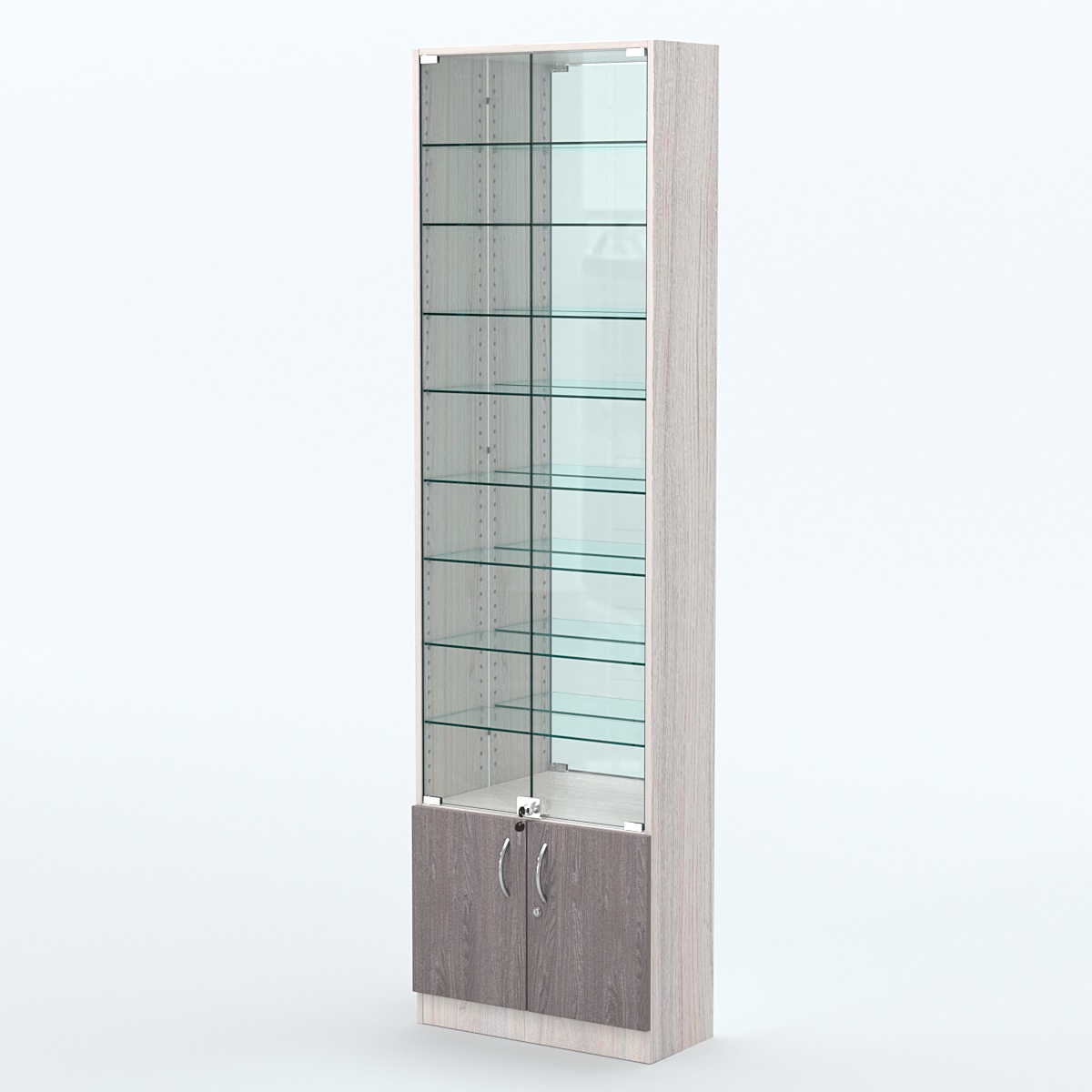Торговая витрина с 8-ю стеклянными полками 250x600 мм серии NEXT-8 №4-2 (З/C - ЗЕРКАЛО) Ясень Анкор светлый + Ясень Анкор темный